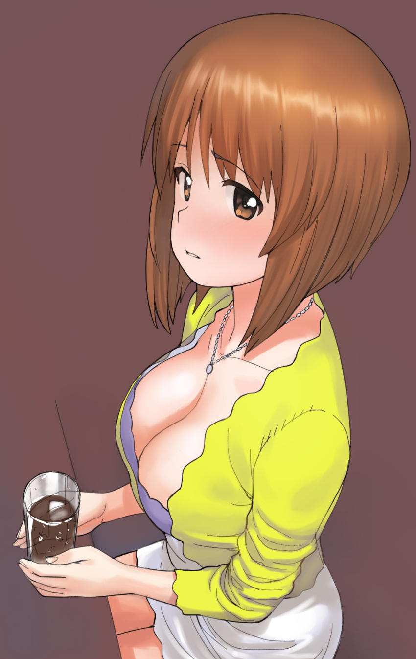 1girl a1 blush breasts brown_background brown_eyes brown_hair casual cleavage downblouse drink eyebrows_visible_through_hair from_above girls_und_panzer glass highres jewelry large_breasts necklace nishizumi_miho parted_lips short_hair sitting solo