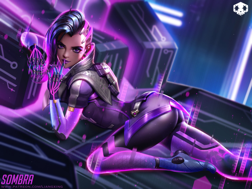 1girl asymmetrical_hair breasts character_name cowboy_shot dark_skin earrings eyeshadow finger_to_mouth gloves jewelry liang_xing light_smile lipstick long_hair looking_at_viewer lying makeup mole mole_under_eye multicolored_hair on_stomach overwatch purple_hair purple_lips shushing skin_tight solo sombra_(overwatch) stud_earrings two-tone_hair undercut violet_eyes watermark web_address