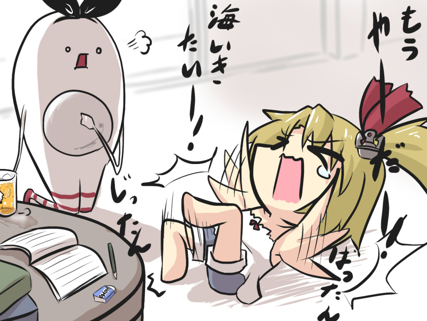 &gt;_&lt; 10s 2girls anchor_hair_ornament bare_arms blonde_hair comic commentary_request eraser gomasamune hair_ornament hair_ribbon highres juice kantai_collection kneeling lying mikoto_freesia_scarlet multiple_girls notebook on_back open_mouth pencil plate ribbon shimakaze_(kantai_collection) shimakaze_(seal) shorts side_ponytail table tantrum tearing_up touhou translation_request window