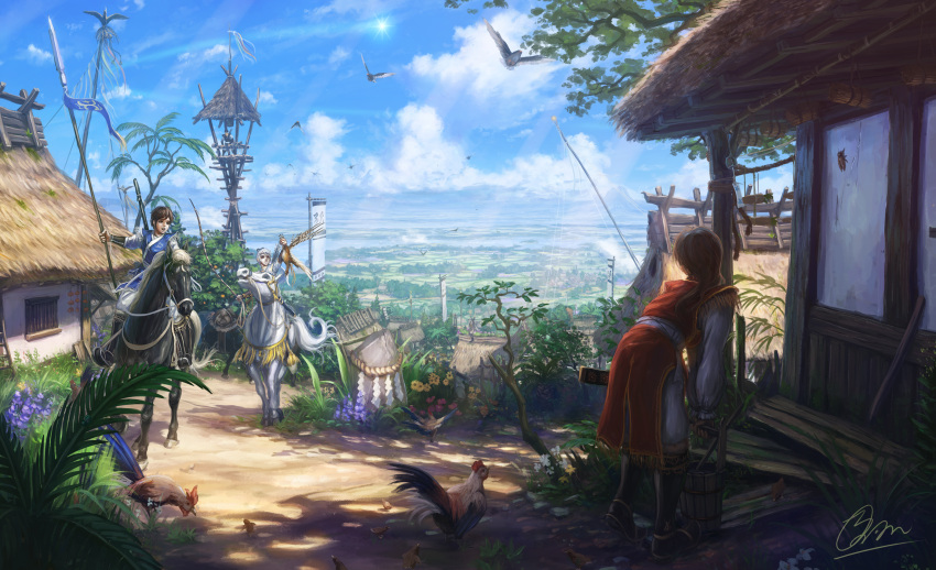 1girl 2boys animal bending_forward bent_over bird brown_hair chicken day fantasy highres holding holding_animal horse horseback_riding looking_at_another makkou_4 medium_hair multiple_boys original outdoors riding scenery signature summer white_hair