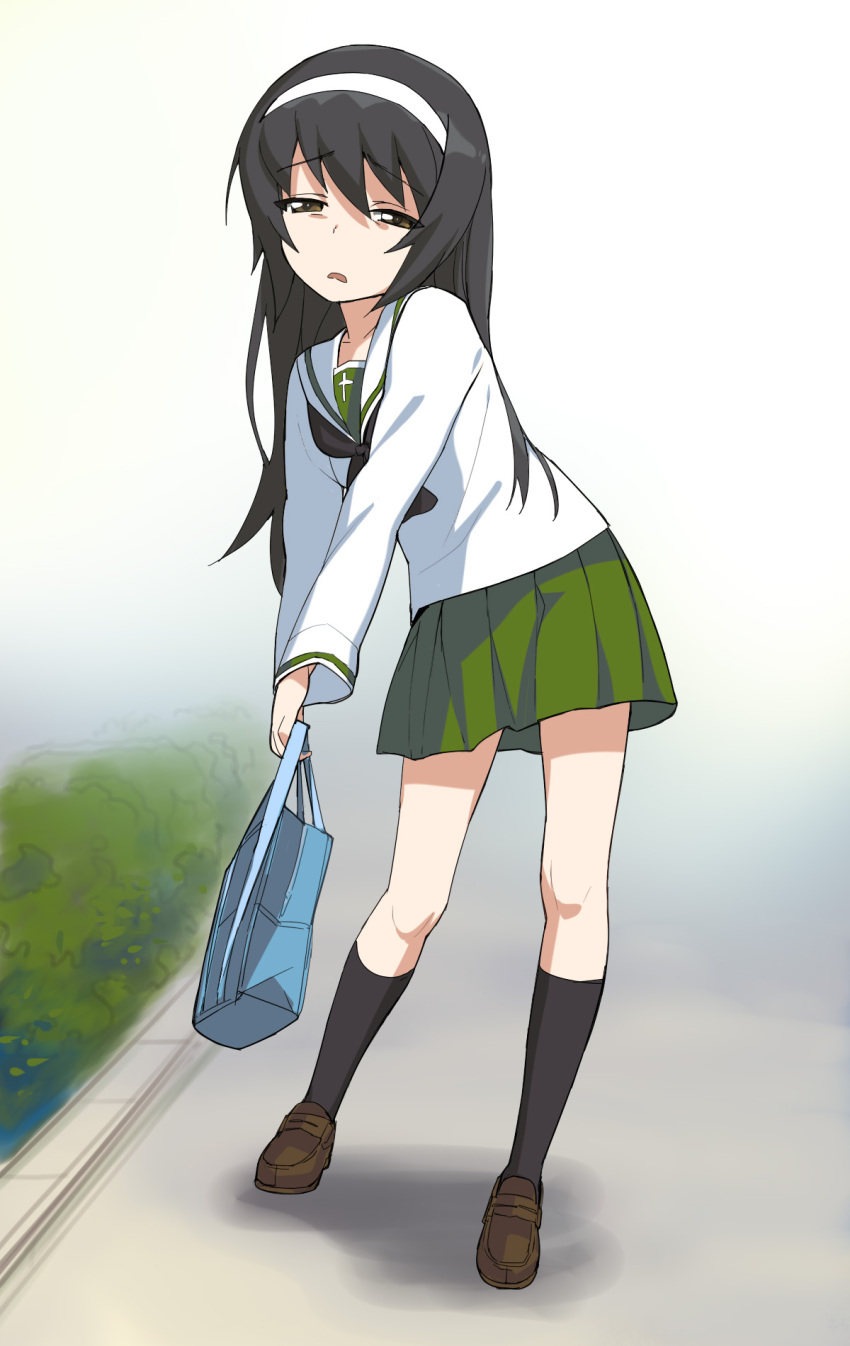 1girl a1 bag bags_under_eyes black_hair black_legwear brown_eyes brown_shoes bush collarbone d: eyebrows_visible_through_hair full_body girls_und_panzer green_skirt hairband highres holding_bag kneehighs leaning_to_the_side loafers long_sleeves looking_at_viewer ooarai_school_uniform open_mouth parted_lips pleated_skirt reizei_mako school_bag shirt shoes skirt solo squinting standing white_shirt