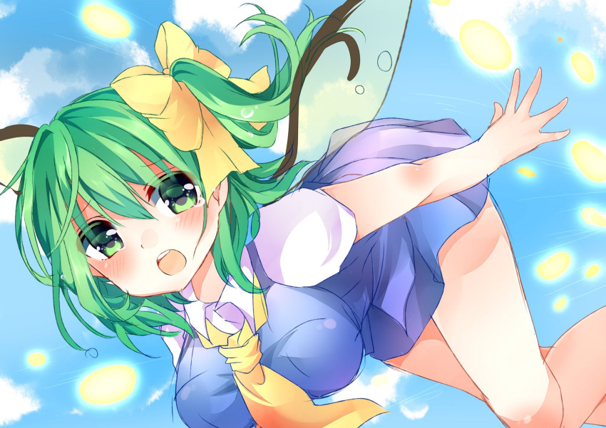 1girl ascot bangs blue_skirt blush bow breasts collared_shirt daiyousei danmaku eyebrows_visible_through_hair fairy_wings green_eyes green_hair hair_between_eyes hair_bow highres karasusou_nano medium_breasts open_mouth shirt short_sleeves side_ponytail skirt skirt_set solo tears touhou white_shirt wings yellow_bow