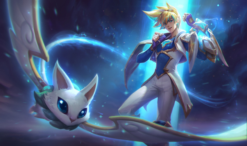 1boy adjusting_collar blonde_hair blue_eyes blue_hair ezreal fingerless_gloves gloves goggles goggles_on_head league_of_legends looking_at_viewer magical_boy multicolored_hair official_art solo spiky_hair star star_guardian_ezreal tuxedo two-tone_hair wings