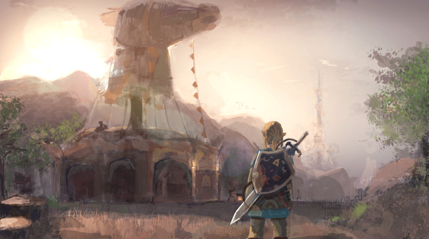 1boy arms_at_sides blonde_hair building day from_behind gauntlets grass highres hut kumamoto_nomii-kun link outdoors pants pointy_ears ponytail scenery shield standing sun sword the_legend_of_zelda the_legend_of_zelda:_breath_of_the_wild tower tree tunic weapon weapon_on_back
