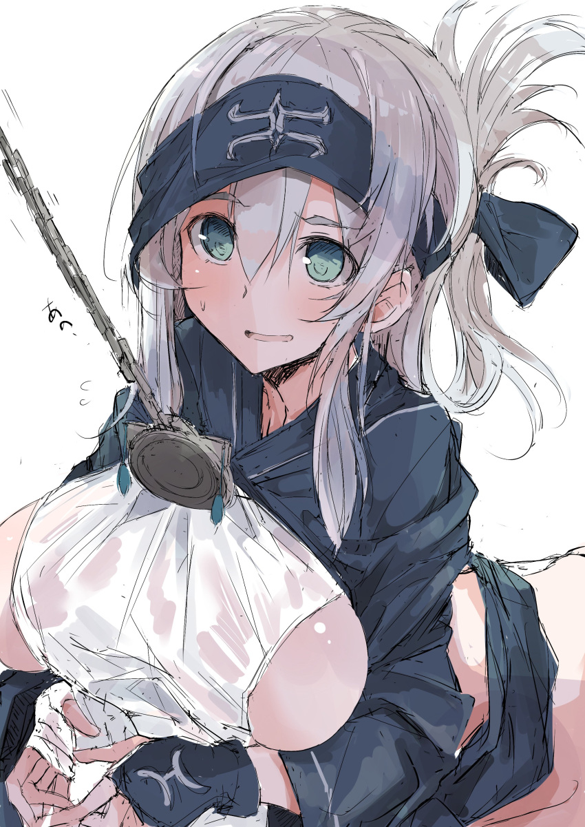 10s 1girl absurdres ainu ainu_clothes blue_eyes blue_headband breasts chains cropped_jacket edogawa_nao folded_ponytail hair_between_eyes headband highres kamoi_(kantai_collection) kantai_collection large_breasts long_hair simple_background sketch solo translation_request white_background white_hair