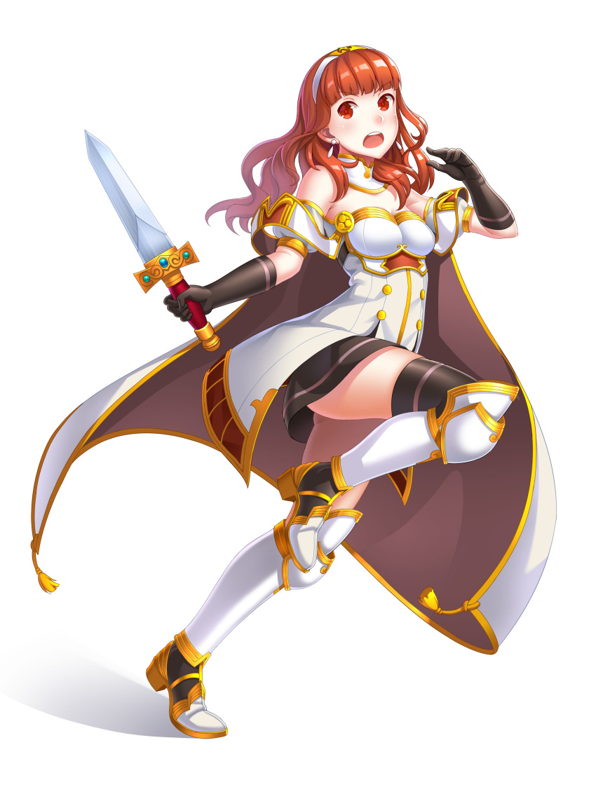 1girl absurdres arm_guards armor bangs black_legwear breastplate cape celica_(fire_emblem) detached_collar dress earrings fingerless_gloves fire_emblem fire_emblem_echoes:_mou_hitori_no_eiyuuou fire_emblem_gaiden full_body gloves hair_ornament highres jewelry long_hair red_eyes redhead simple_background solo sword thigh-highs tiara weapon yaxiya zettai_ryouiki