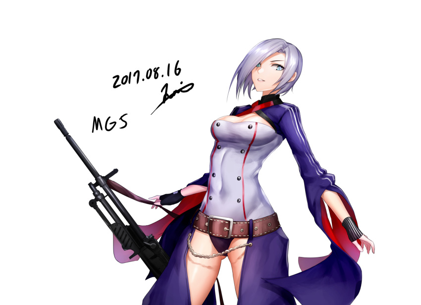 1girl artist_name belt blue_eyes breasts character_name cleavage dated girls_frontline grey_hair gun highres holding holding_gun holding_weapon jai_(whany1998) large_breasts looking_at_viewer mg5_(girls_frontline) parted_lips short_hair signature smile solo teeth weapon