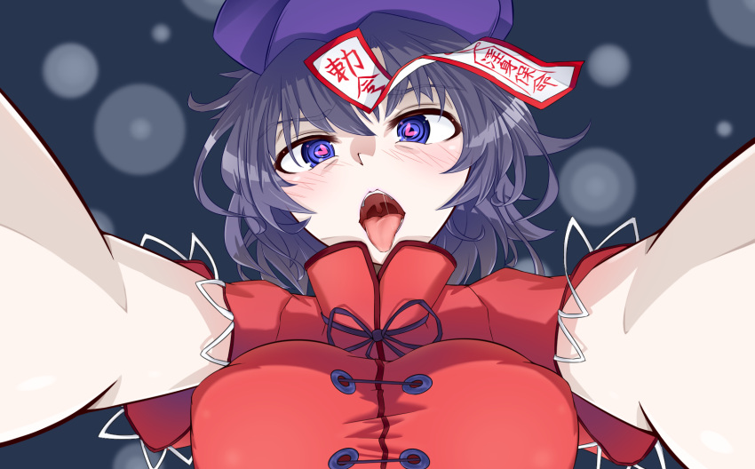 1girl bare_arms beret blush breasts commentary_request foreshortening hat heart high_collar highres jiangshi looking_at_viewer miyako_yoshika ofuda open_mouth outstretched_arms purple_hair ringed_eyes shirt short_hair short_sleeves solo taut_clothes taut_shirt tongue tongue_out touhou tsukidaruma upper_body violet_eyes