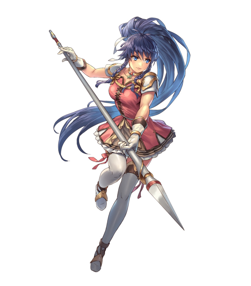 1girl bangs blue_eyes blue_hair boots braid breasts closed_mouth collar cross-laced_clothes cuboon female fighting_stance fire_emblem fire_emblem:_seima_no_kouseki fire_emblem_heroes full_body gloves highres holding holding_polearm holding_spear holding_weapon leg_up long_hair looking_away looking_to_the_side medium_breasts official_art pauldrons polearm ponytail shoulder_armor simple_background skirt solo spear tana thigh-highs thigh_boots thighhighs transparent_background twin_braids very_long_hair weapon zettai_ryouiki