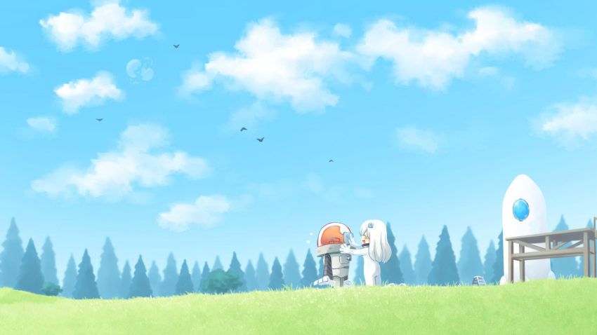 1girl :d ^_^ bird blush closed_eyes clouds commentary_request day forest grass hair_ornament holding long_hair mikuromono nature open_mouth original outdoors profile rag robot rocket_ship sky smile space_craft standing stepladder white_hair white_skin wiping