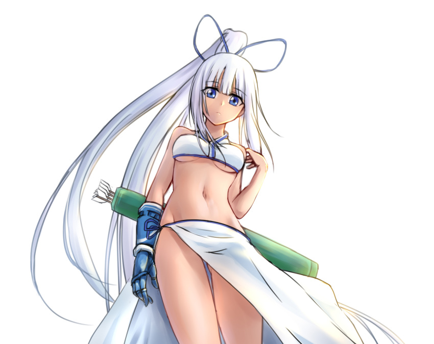 1girl blue_eyes blue_ribbon breasts closed_mouth dark_skin eyebrows_visible_through_hair hair_ribbon high_ponytail highres large_breasts looking_at_viewer majikina_mina miuka navel ribbon samurai_spirits solo under_boob white_hair