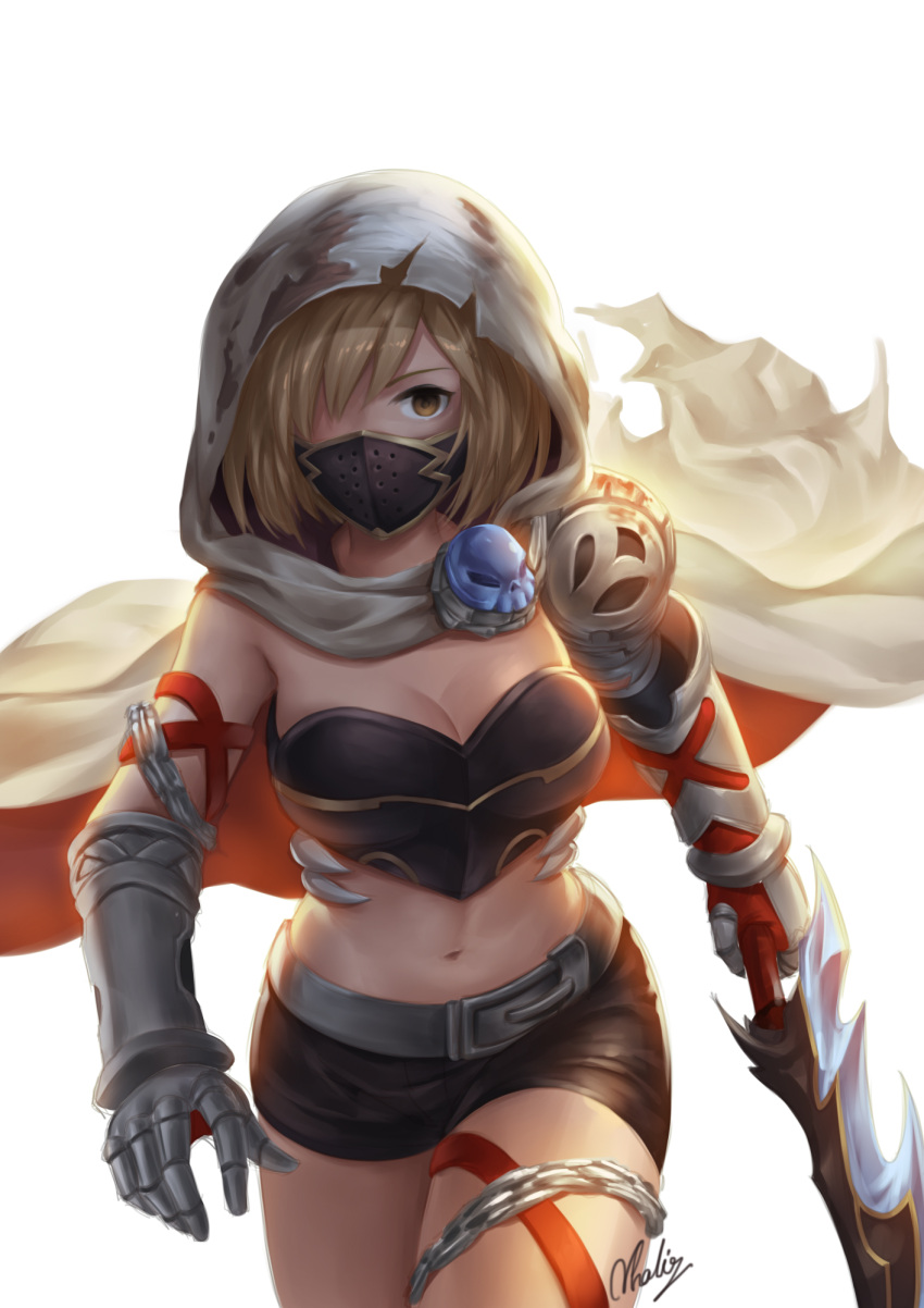 1girl artist_name belt black_shorts blonde_hair blood breasts chains chaos_ruler_(granblue_fantasy) cleavage cloak djeeta_(granblue_fantasy) face_mask gauntlets granblue_fantasy highres holding holding_sword holding_weapon looking_at_viewer mask medium_breasts midriff natsuyu navel short_hair short_shorts shorts signature simple_background solo sword weapon white_background yellow_eyes