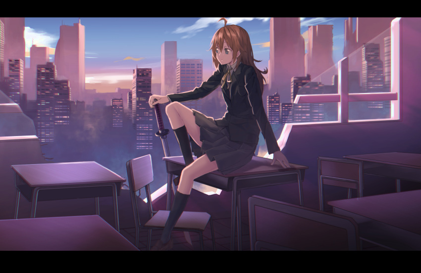 1girl :/ ahoge arm_support blazer blonde_hair blue_eyes blue_legwear blue_skirt brown_shoes building chair closed_mouth clouds collared_shirt damaged desk from_side full_body hand_on_hilt highres jacket kneehighs loafers long_hair long_sleeves looking_to_the_side megumegu_hosi_117 neck_ribbon original parquet_floor pleated_skirt rebar ribbon school_desk school_uniform shirt shoes sitting skirt sky skyscraper solo sunset sword weapon white_shirt wing_collar yellow_ribbon