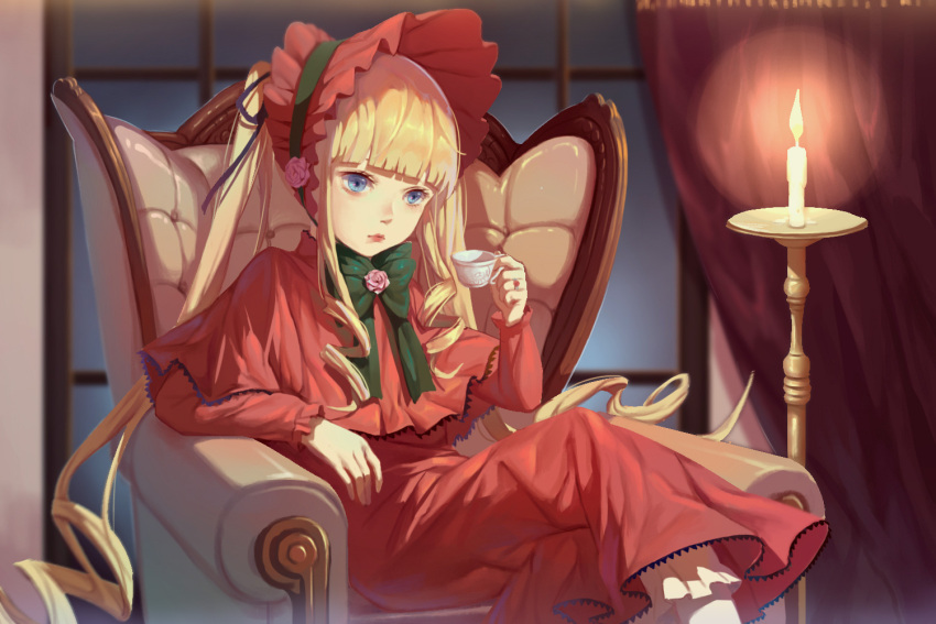 1girl armchair blonde_hair blue_eyes bonnet candle candlestand chair character_request closed_mouth cup holding holding_cup legs_crossed long_sleeves looking_away rozen_maiden sitting solo teacup zema_haru