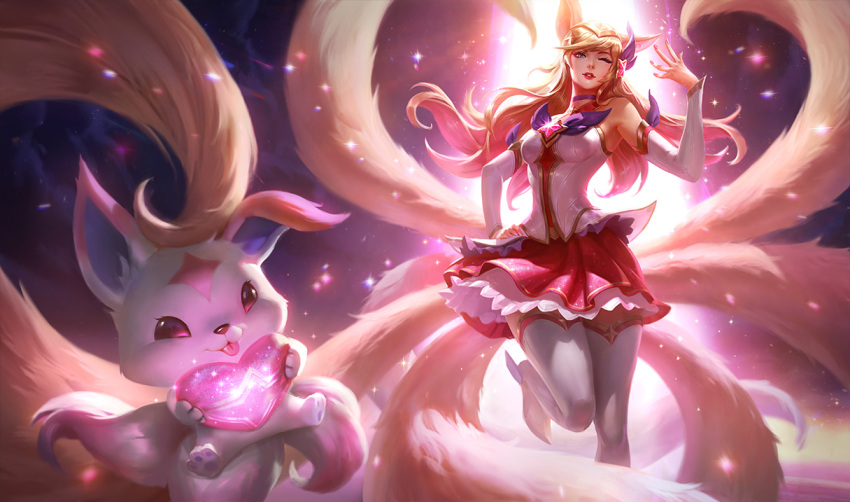 1girl ahri animal_ears boots detached_sleeves fox_ears fox_tail hand_on_hip heart league_of_legends lipstick long_hair looking_at_viewer magical_girl makeup multiple_tails nail_polish official_art one_eye_closed red_lipstick ribbon skirt solo star_guardian_ahri tail thigh-highs thigh_boots zettai_ryouiki
