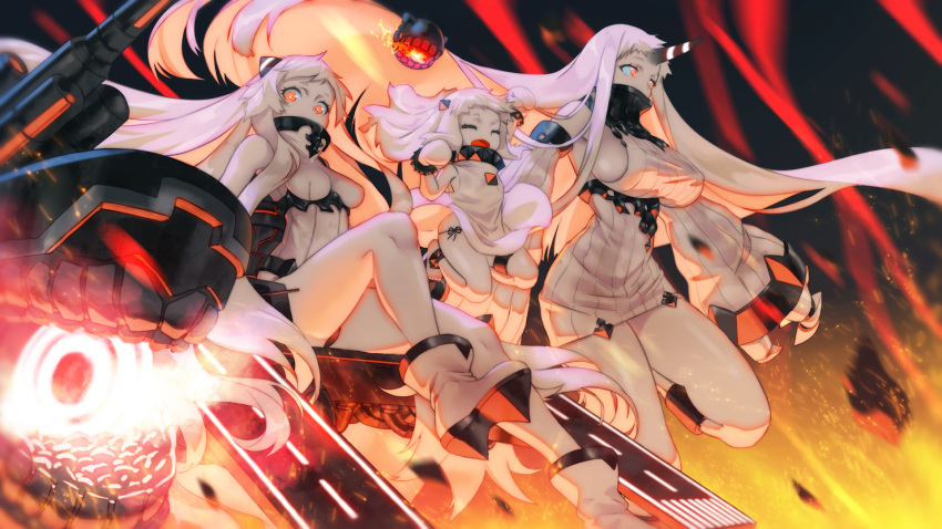 &gt;_&lt; 10s 3girls :d absurdly_long_hair airfield_hime ankle_boots bare_shoulders barefoot boots bracelet breasts claws collar detached_sleeves dress fist_pump glowing_mouth height_difference high_collar highres horns huge_breasts jewelry jumping kantai_collection leotard long_hair looking_at_viewer matsukawa_li mechanical_arm medium_breasts mittens multiple_girls northern_ocean_hime open_mouth panties red_eyes seaport_hime shinkaisei-kan short_dress short_eyebrows side-tie_panties sideboob size_difference smile spiked_bracelet spiked_collar spikes underwear very_long_hair white_hair white_skin xd