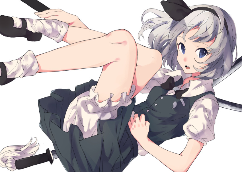 1girl adjusting_clothes adjusting_legwear bangs black_bow black_bowtie black_ribbon black_shoes bloomers blue_eyes bow bowtie commentary_request green_skirt green_vest hair_ribbon hairband katana konpaku_youmu legs_up looking_at_viewer lying mary_janes on_back open_mouth puffy_short_sleeves puffy_sleeves ribbon shirt shoes short_hair short_sleeves silver_hair simple_background skirt skirt_set socks solo sword touhou underwear vest weapon white_background white_legwear white_shirt yuusei_tsukiro