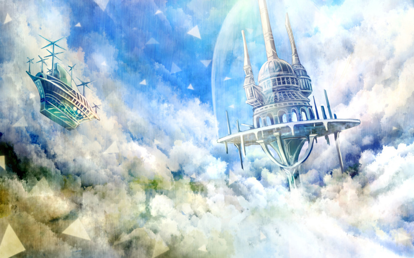 airship blue_sky clouds cloudy_sky fantasy floating_island no_humans original sakimori_(hououbds) scenery sky tower