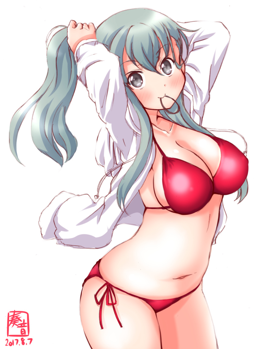 10s 1girl 2017 aqua_hair artist_name bikini breasts cleavage cowboy_shot dated grey_eyes highres jacket kanon_(kurogane_knights) kantai_collection large_breasts logo long_hair looking_at_viewer mouth_hold open_clothes open_jacket ponytail red_bikini rubber_band side-tie_bikini solo standing suzuya_(kantai_collection) swimsuit white_jacket