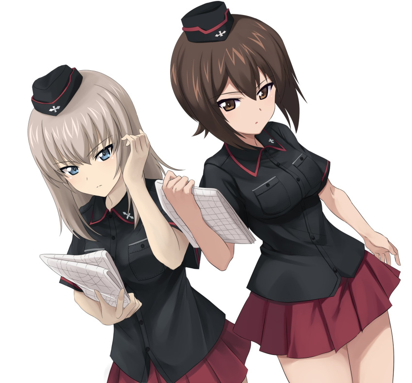 2girls adapted_uniform adjusting_hair ashiwara_yuu bangs black_blouse black_hat blouse blue_eyes brown_eyes brown_hair closed_mouth collaboration collared_blouse commentary_request cowboy_shot dutch_angle eyebrows_visible_through_hair fumika_asano garrison_cap girls_und_panzer hat highres holding itsumi_erika kuromorimine_military_uniform long_hair looking_at_viewer map military military_hat military_uniform miniskirt multiple_girls nishizumi_maho pleated_skirt red_skirt short_hair short_sleeves side-by-side silver_hair simple_background skirt standing uniform white_background