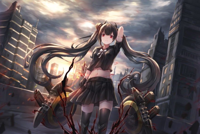 1girl arm_up armor armored_boots aura bangs black_boots black_gloves black_hair black_legwear black_serafuku black_skirt boots bow bowtie building closed_mouth clouds cloudy_sky commentary debris floating floating_hair floating_weapon from_below girls_frontline gloves hair_bun hand_in_hair horns lens_flare long_hair looking_at_viewer lunacle midriff navel ouroboros_(girls_frontline) outdoors pale_skin pleated_skirt red_eyes rooftop sangvis_ferri school_uniform serafuku serious skirt sky skyscraper solo standing thigh-highs twilight very_long_hair weapon white_bow white_bowtie wind window zettai_ryouiki