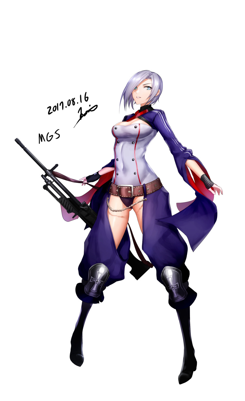 1girl absurdres artist_name belt blue_eyes breasts character_name cleavage dated full_body girls_frontline grey_hair gun highres holding holding_gun holding_weapon jai_(whany1998) large_breasts looking_at_viewer mg5_(girls_frontline) parted_lips short_hair signature smile solo teeth weapon