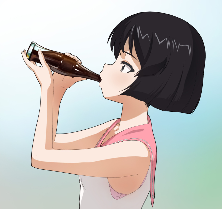 1girl a1 black_eyes black_hair blush bra breasts drinking from_side girls_und_panzer gradient gradient_background highres holding pink_bra sailor_collar shirt short_hair sleeveless sleeveless_shirt small_breasts soda_bottle solo underwear upper_body utsugi_yuuki