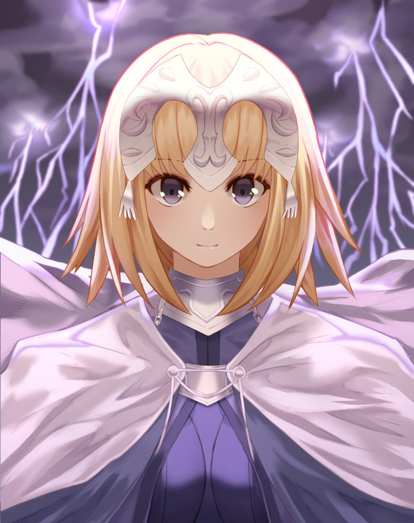 1girl absurdres blonde_hair blue_eyes breasts close-up eyebrows_visible_through_hair fate/grand_order fate_(series) headpiece highres large_breasts looking_at_viewer ruler_(fate/apocrypha) short_hair smile solo upper_body yagyun