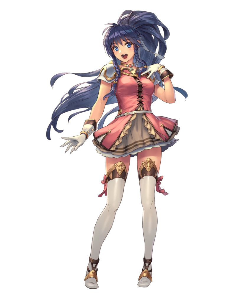 1girl arm_at_side bangs belt blue_eyes blue_hair boots bracelet braid breasts collar cross-laced_clothes cuboon female fire_emblem fire_emblem:_seima_no_kouseki fire_emblem_heroes full_body gloves high_ponytail highres jewelry long_hair medium_breasts official_art open_mouth pauldrons ponytail shoulder_armor simple_background skirt solo standing tana thigh-highs thigh_boots thighhighs transparent_background twin_braids zettai_ryouiki