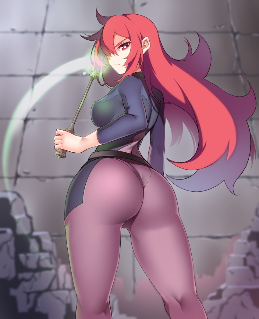 1girl ass bodysuit breasts erect_nipples frown hair_over_one_eye highres hips kippuru little_witch_academia long_hair looking_at_viewer looking_back medium_breasts red_eyes redhead shiny_chariot sideboob skin_tight skindentation solo spoilers staff stone_wall thighs ursula_charistes wall wand wide_hips