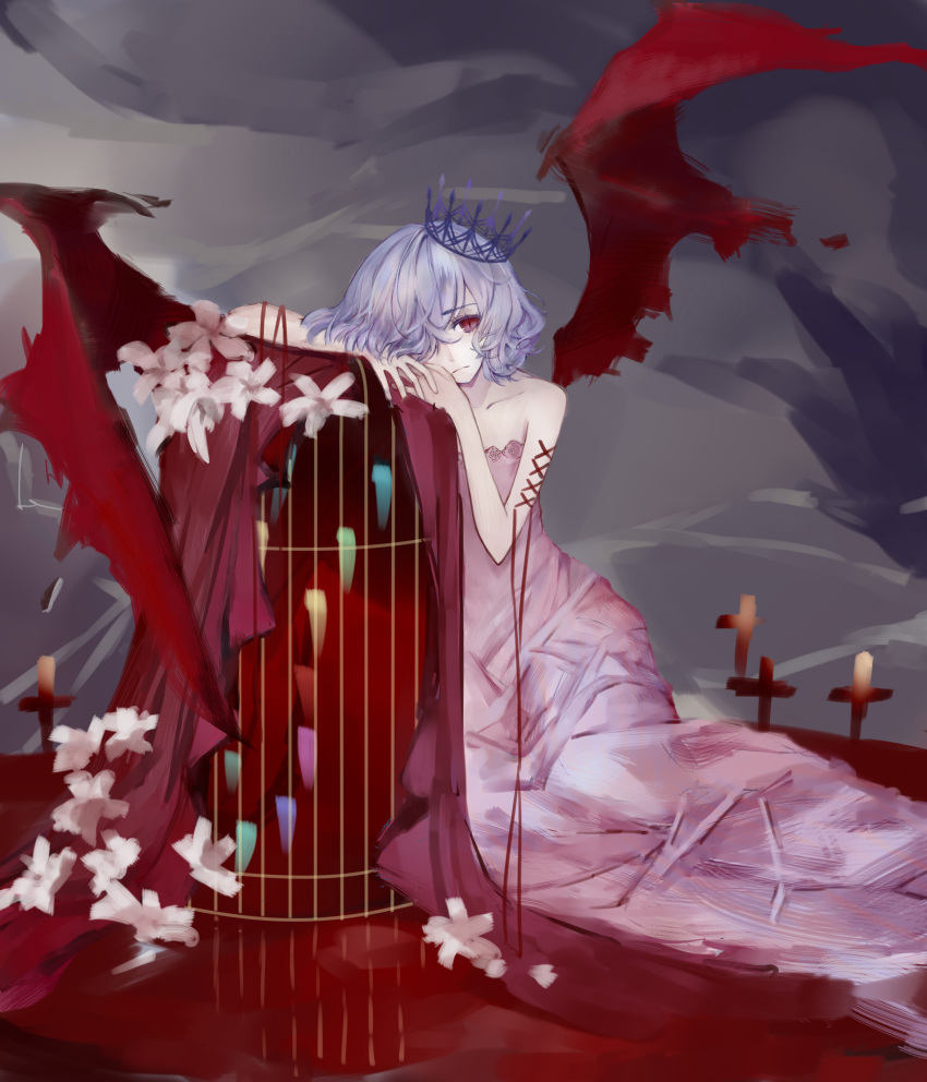 1girl absurdres alternate_costume bare_shoulders bat_wings birdcage blood cage closed_mouth cross dress flower frown highres kelou looking_at_viewer pale_skin pink_dress red_eyes remilia_scarlet short_hair silver_hair solo strapless strapless_dress tiara tombstone touhou wings