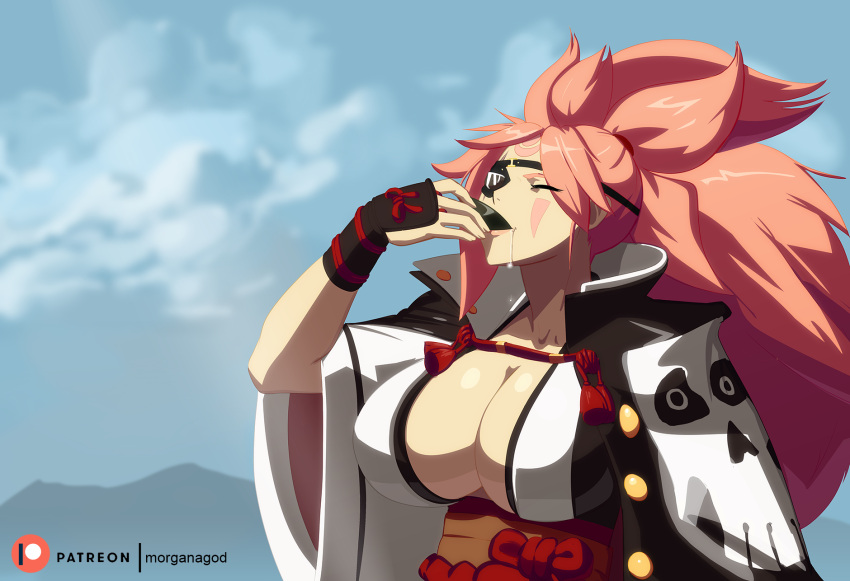 1girl alcohol amputee baiken breasts cel_shading cleavage closed_eyes cup drinking eyepatch guilty_gear guilty_gear_xrd highres huge_breasts japanese_clothes kimono long_hair morganagod no_bra official_style one-eyed open_clothes open_kimono pink_hair ponytail sakazuki sake scar scar_across_eye solo