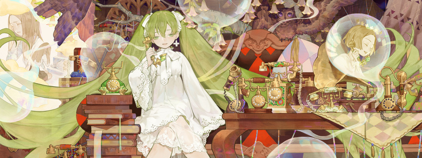 3girls absurdly_long_hair angel's_trumpet argyle bangs bird blonde_hair book_stack bookmark bouquet branch bubble closed_eyes commentary_request corded_phone couch cross cross_earrings crying curtains dress earrings flower from_behind green_eyes green_hair hair_ribbon halo hatsune_miku highres indoors jewelry lace lace-trimmed_dress lace-trimmed_sleeves legs_crossed light_brown_hair long_hair long_sleeves multiple_girls neck_ribbon open_mouth owl phone phonograph ribbon rotary_phone see-through short_hair single_earring sitting sleeves_past_wrists smile squatting table tablecloth talking_on_phone tassel tears tombstone transparent twintails very_long_hair vocaloid white_dress white_ribbon wide_sleeves wings yuukaku