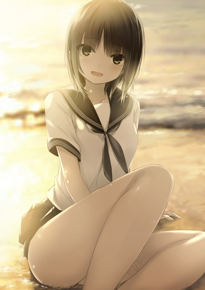 1girl aoyama_sumika bangs beach black_hair blurry brown_eyes coffee-kizoku depth_of_field eyebrows_visible_through_hair highres light looking_at_viewer open_mouth original outdoors school_uniform serafuku shore short_hair sitting smile solo thighs