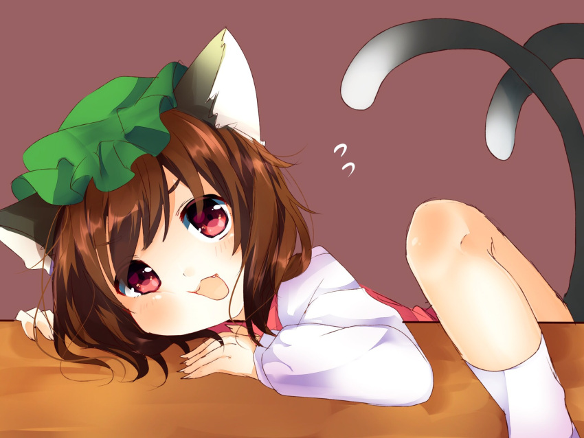 1girl animal_ears bangs blush brown_background brown_hair cat_ears cat_tail chen commentary_request eyebrows_visible_through_hair fang fingernails flying_sweatdrops green_hat hat highres karasusou_nano long_fingernails long_sleeves looking_at_viewer mob_cap open_mouth red_eyes short_hair simple_background socks solo tail touhou white_legwear
