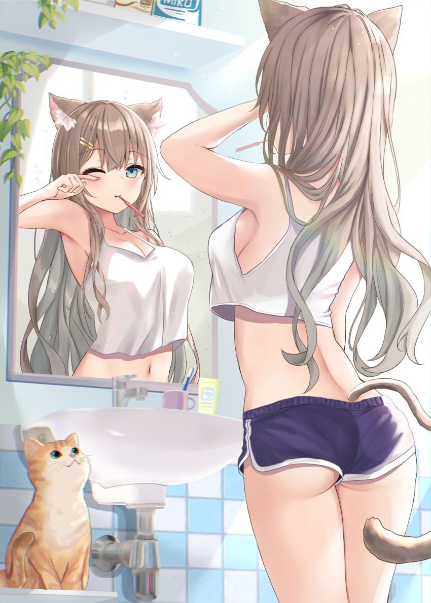 1girl akino_ell animal animal_ears arm_up armpits ass back bare_arms bare_shoulders blue_eyes blue_shorts breasts brown_hair camisole cat cat_ears cat_girl cat_tail crop_top crop_top_overhang dolphin_shorts from_behind hair_ornament hairclip highres long_hair medium_breasts micro_shorts midriff mouth_hold navel one_eye_closed original reflection shirt short_shorts shorts sleeveless sleeveless_shirt solo standing tail thighs toothbrush toothbrush_in_mouth white_shirt