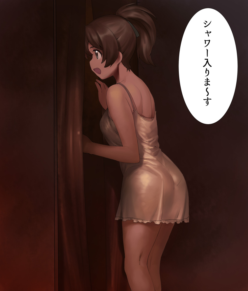1girl :d a1 absurdres ass black_ribbon breasts brown_hair chemise curtains from_side girls_und_panzer hair_between_eyes hair_ribbon highres koyama_yuzu large_breasts open_mouth ponytail profile ribbon short_hair smile solo speech_bubble standing translated