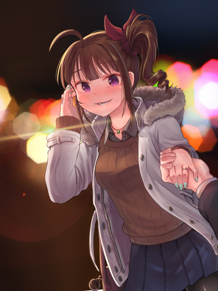 10s 1girl blue_nails blush breasts brown_hair brown_sweater collarbone disembodied_limb drill_hair eyebrows_visible_through_hair hair_ribbon highres holding_hand idolmaster idolmaster_million_live! jewelry kamille_(vcx68) looking_at_viewer medium_breasts nail_polish necklace parted_lips ribbed_sweater ring short_hair side_ponytail smile sweater teeth violet_eyes yokoyama_nao