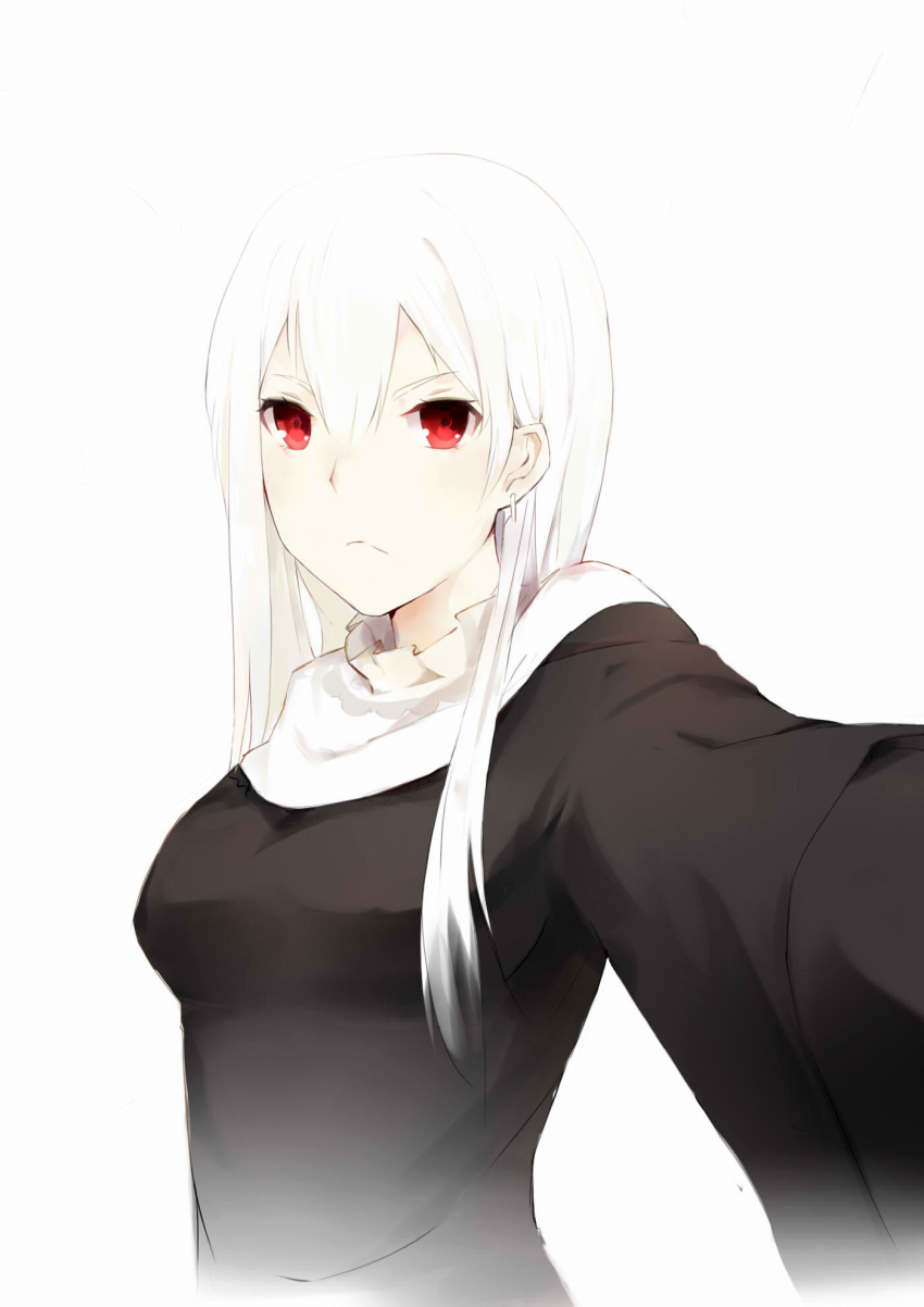 1girl breasts cjyoung closed_mouth earrings eyebrows_visible_through_hair highres jewelry long_hair long_sleeves looking_at_viewer medium_breasts original red_eyes solo upper_body white_hair