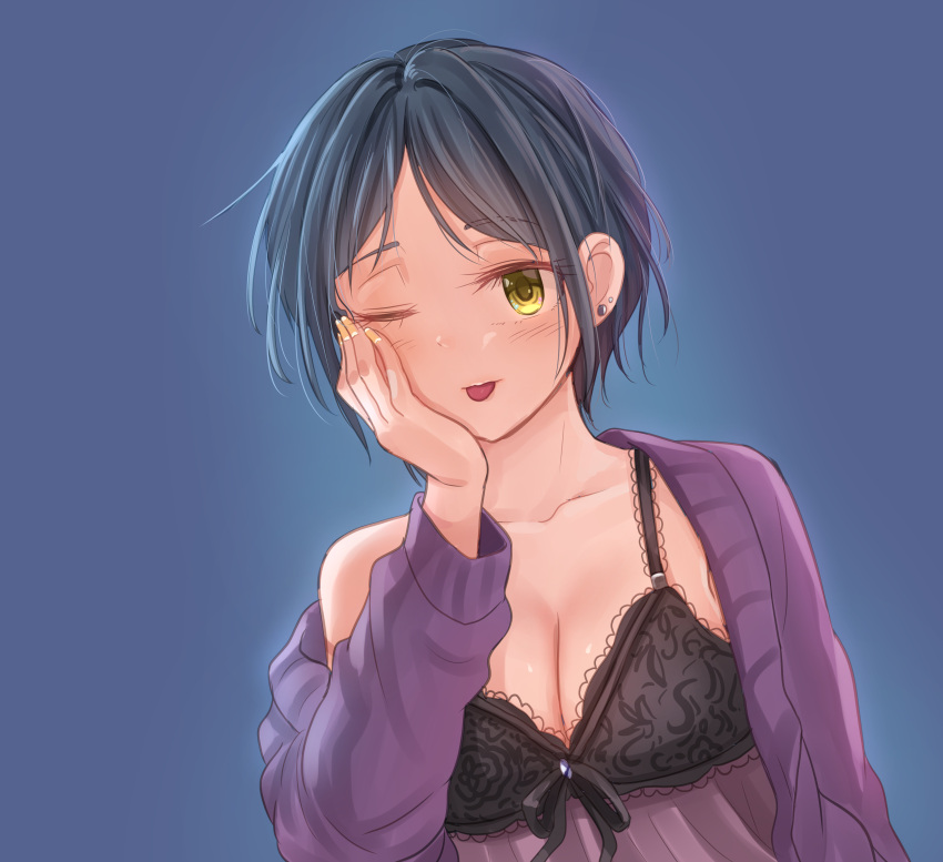 10s 1girl absurdres black_bra black_hair blush bra breasts cleavage closed_mouth collarbone eyebrows_visible_through_hair hayami_kanade highres idolmaster idolmaster_cinderella_girls kamille_(vcx68) large_breasts nail_polish one_eye_closed solo sweater tongue tongue_out underwear upper_body yellow_eyes yellow_nails