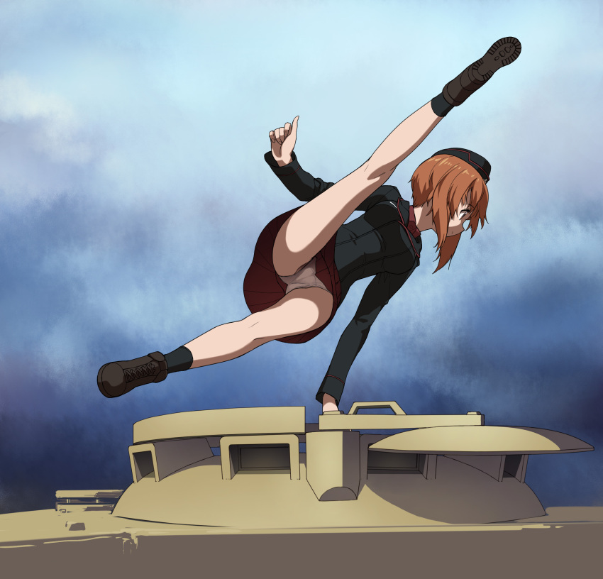 1girl a1 absurdres beret brown_hair full_body girls_und_panzer ground_vehicle gymnastics hat highres kuromorimine_military_uniform military military_uniform military_vehicle miniskirt motor_vehicle nishizumi_miho panties pantyshot short_hair skirt solo tank_turret underwear uniform upskirt