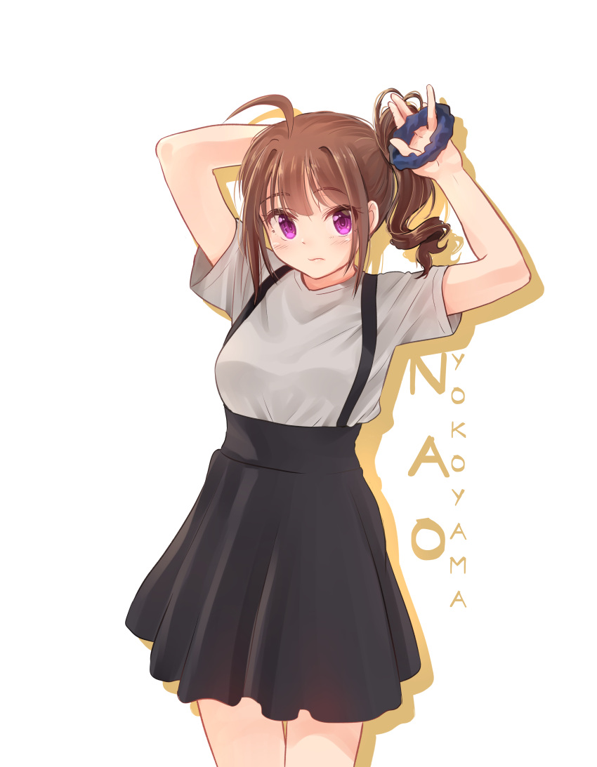 10s 1girl absurdres adjusting_hair ahoge blush breasts brown_hair character_name closed_mouth drill_hair eyebrows_visible_through_hair highres idolmaster idolmaster_million_live! kamille_(vcx68) looking_at_viewer medium_breasts scrunchie solo violet_eyes yokoyama_nao