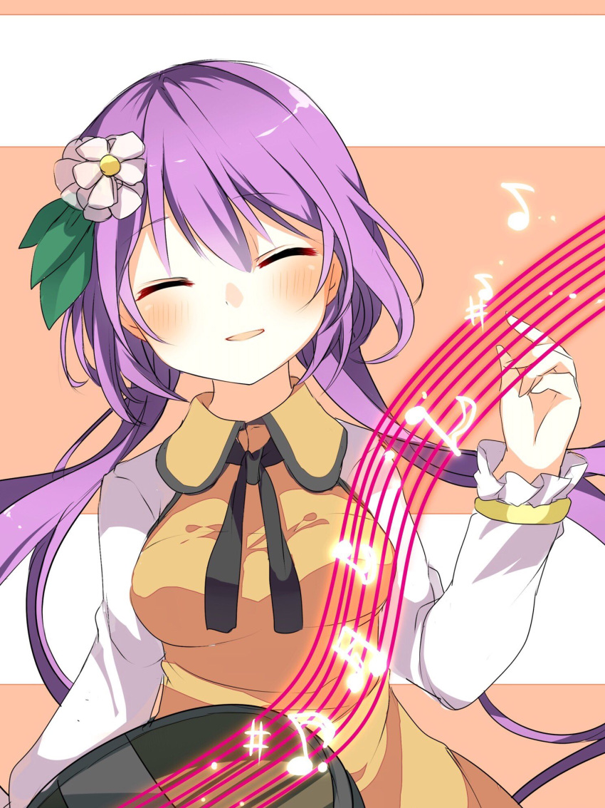 1girl bangs beamed_quavers blush breasts closed_eyes eyebrows_visible_through_hair flower hair_between_eyes hair_flower hair_ornament highres horizontal-striped_background horizontal_stripes karasusou_nano long_sleeves low_twintails medium_breasts multicolored multicolored_background musical_note open_mouth purple_hair quaver sharp_sign smile solo staff_(music) striped striped_background touhou tsukumo_benben twintails two-tone_background upper_body