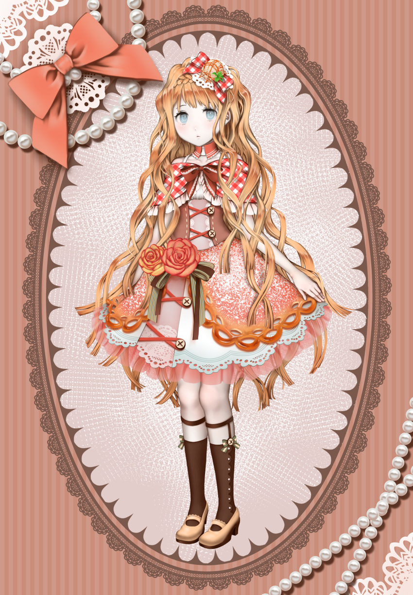 1girl absurdres arm_at_side bare_shoulders blonde_hair blue_eyes blush bow brown_bow brown_legwear brown_shoes buttons collarbone commentary_request corset daisan_oujo detached_collar doily flower food full_body high_heels highres ice_cream kneehighs lace looking_up mary_janes original pale_skin parted_lips pearl powdered_sugar red_bow red_rose rose shoes skirt solo standing striped striped_bow vertical-striped_background vertical_stripes wavy_hair yellow_rose