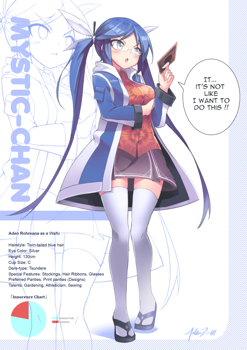 1girl blue_hair blush breasts card english eyebrows_visible_through_hair full_body glasses grey_eyes highres holding holding_card long_hair looking_away medium_breasts mystic-san open_mouth original sandals solo speech_bubble standing thigh-highs twintails white_legwear
