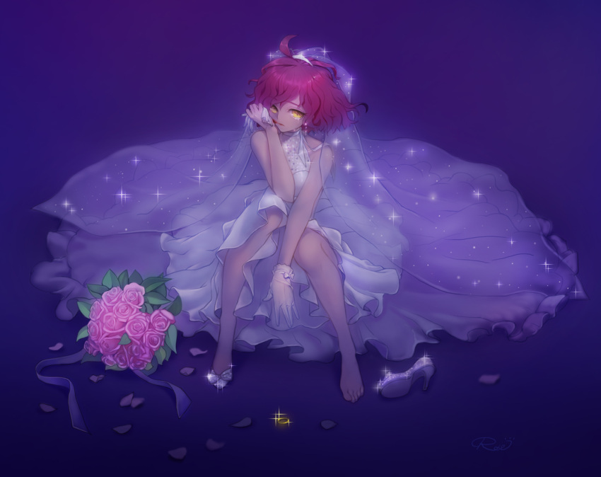 1girl ahoge blood bouquet dress flower glass_slipper gloves gloves_removed high_heels looking_at_viewer original petals pink_hair rrose shoe_removed sitting sparkle starry_sky_print veil white_dress white_gloves yellow_eyes
