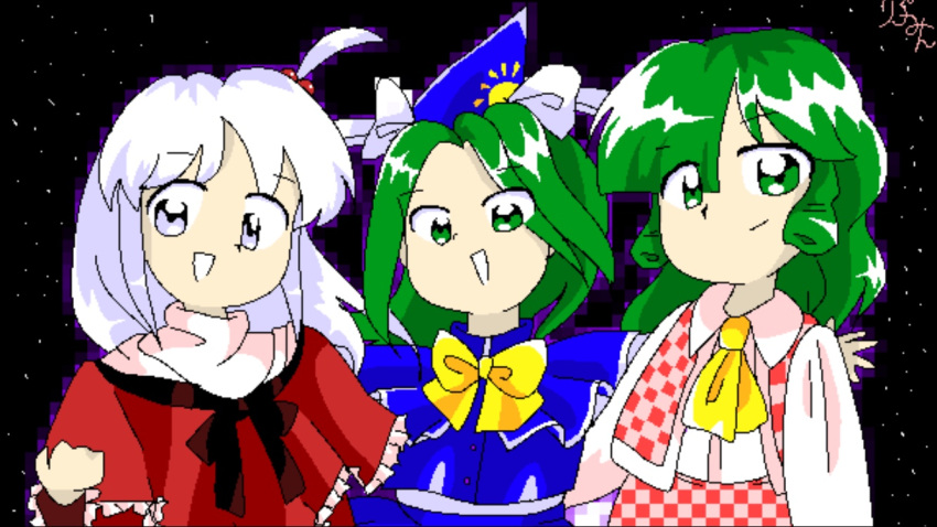 3girls :d bow closed_mouth commentary_request eyebrows_visible_through_hair eyes_visible_through_hair green_eyes green_hair hair_between_eyes hair_ornament kazami_yuuka kazami_yuuka_(pc-98) long_hair long_sleeves looking_at_viewer mima multiple_girls night night_sky oota_jun'ya_(style) open_eyes open_mouth ribumin shinki simple_background sky smile standing touhou touhou_(pc-98) upper_body white_bow white_eyes white_hair
