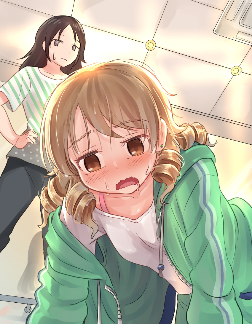 10s 2girls absurdres blush bra_strap brown_eyes brown_hair collarbone drill_hair earrings eyebrows_visible_through_hair highres idolmaster idolmaster_cinderella_girls jewelry kamille_(vcx68) long_hair long_sleeves looking_at_another looking_away morikubo_nono multiple_girls open_mouth short_hair sweat sweatdrop trainer_(idolmaster) veteran_trainer