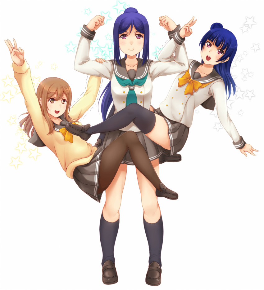 &gt;:) 10s 3girls :d ako_suke arms_up bangs black_legwear black_skirt blue_hair blush bow bowtie brown_shoes cardigan clenched_hands closed_mouth collarbone commentary_request flexing full_body hair_bun hanging high_ponytail highres kneehighs kunikida_hanamaru loafers long_hair long_sleeves looking_at_viewer love_live! love_live!_sunshine!! matsuura_kanan middle_w motion_lines multiple_girls neckerchief open_mouth orange_bow orange_bowtie pantyhose pleated_skirt pose school_uniform serafuku shirt shoes skirt smile standing star striped striped_skirt swept_bangs thigh-highs trembling tsushima_yoshiko violet_eyes white_background white_shirt