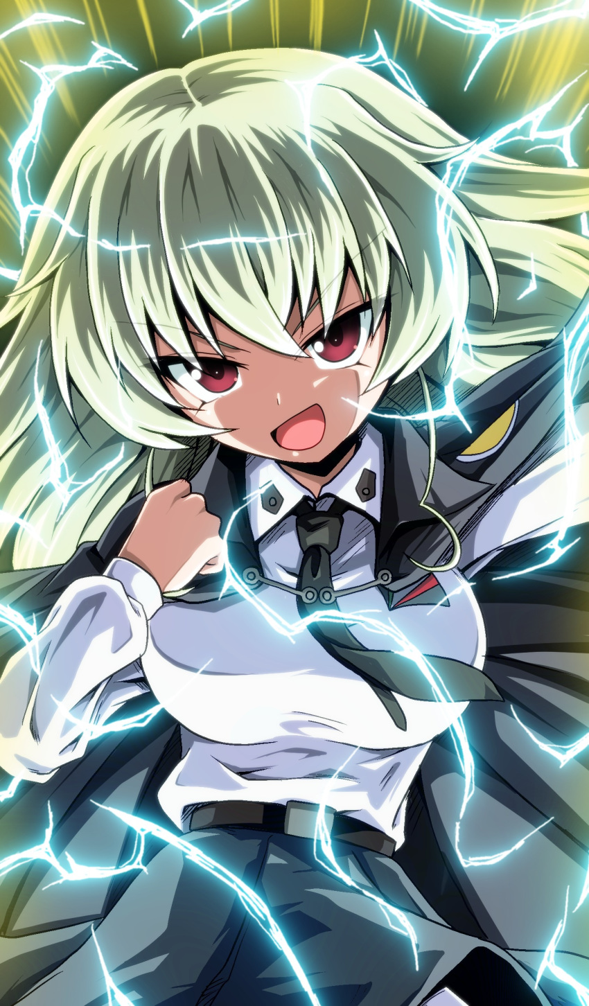 1girl absurdres alternate_hairstyle anchovy_(girls_und_panzer) anzio_school_uniform arm_up aura bangs belt black_belt black_cape black_neckwear black_skirt cape clenched_hand commentary dragon_ball dragon_ball_z dress_shirt electricity emblem eyebrows_visible_through_hair girls_und_panzer green_hair hair_down highres kamishima_kanon long_hair long_sleeves looking_at_viewer miniskirt necktie open_mouth pleated_skirt red_eyes school_uniform shirt skirt smirk smug solo standing super_saiyan super_saiyan_2 v-shaped_eyebrows white_shirt wing_collar